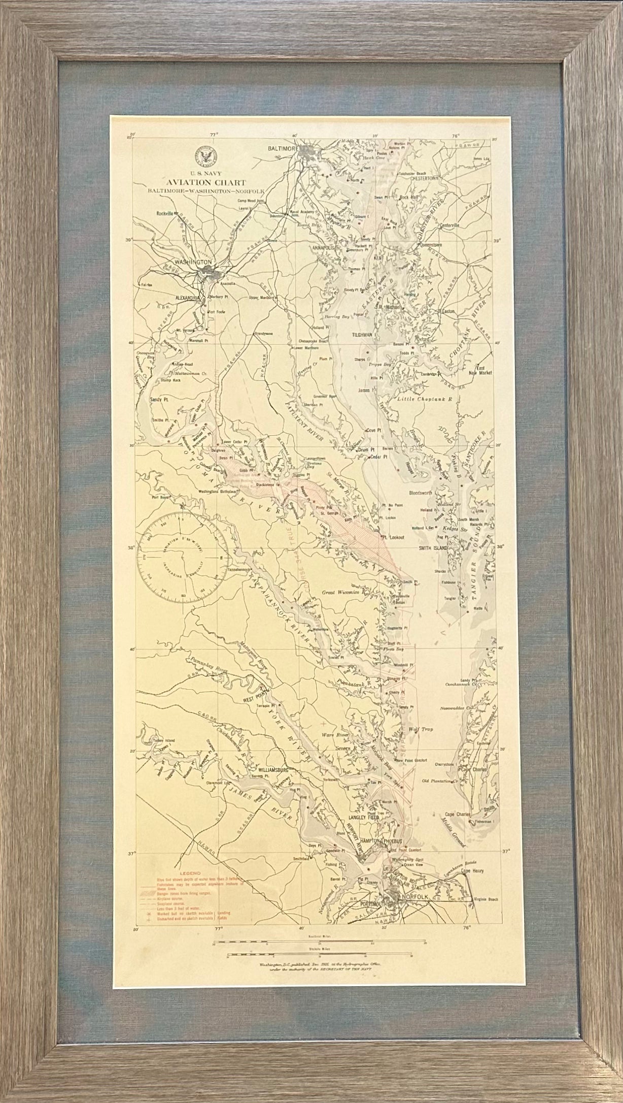 Baltimore, Washington, Norfolk Aviation Chart of Chesapeake, 1925 (Framed)