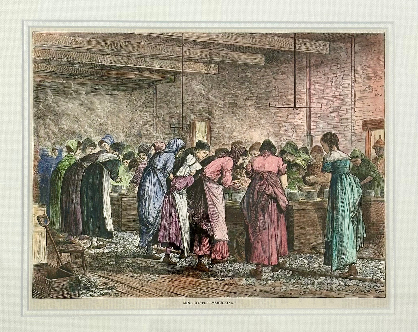 1875 Oyster Shucking, Original engraving, Framed