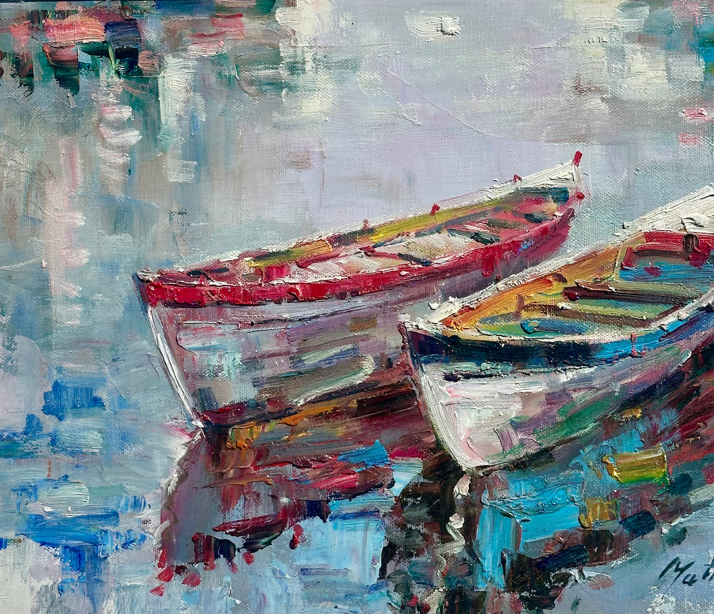 Harbor Boats by Matt Thomas, Oil on canvas, Framed