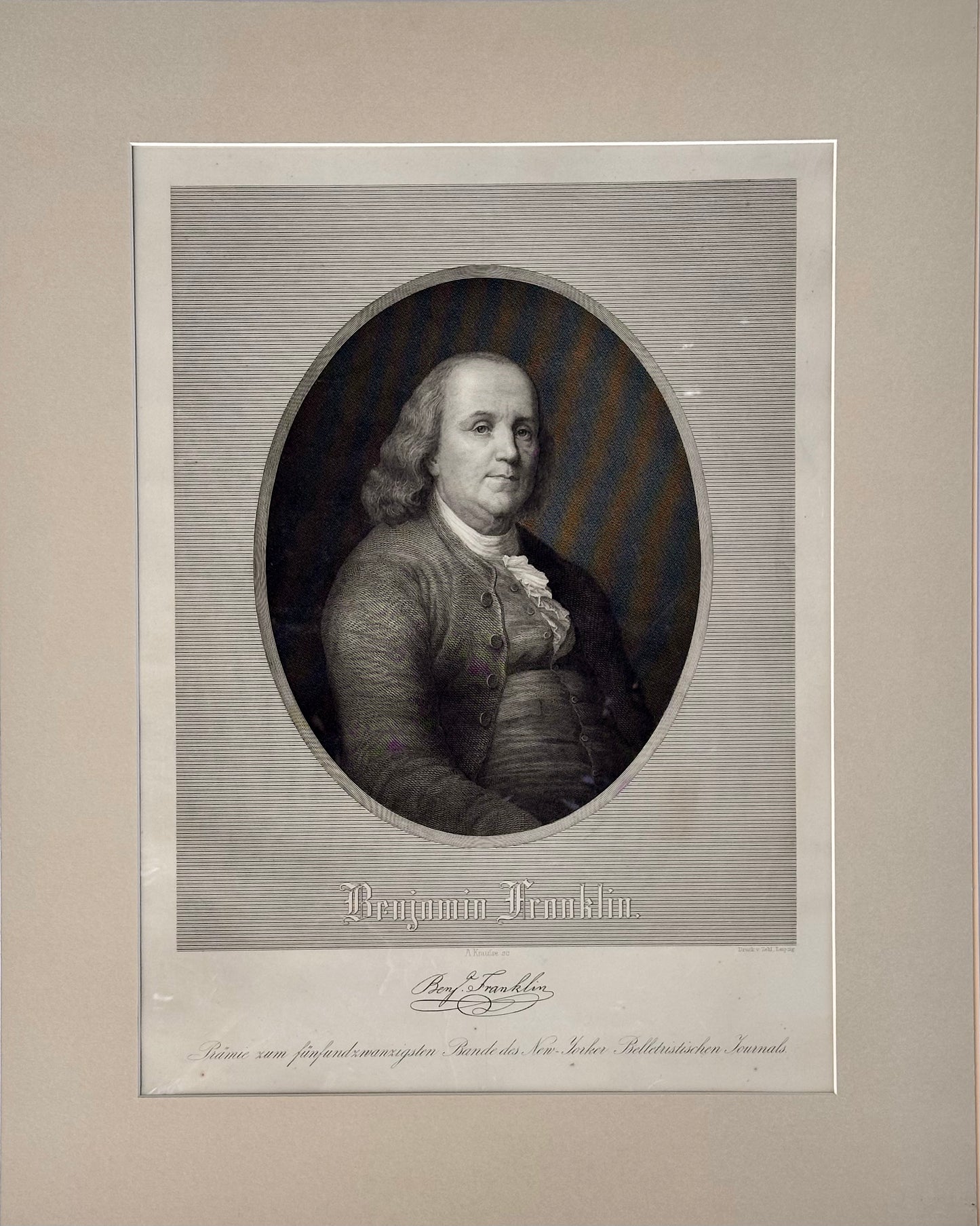 Ben Franklin, original engraving by Leipzig, c. 1845