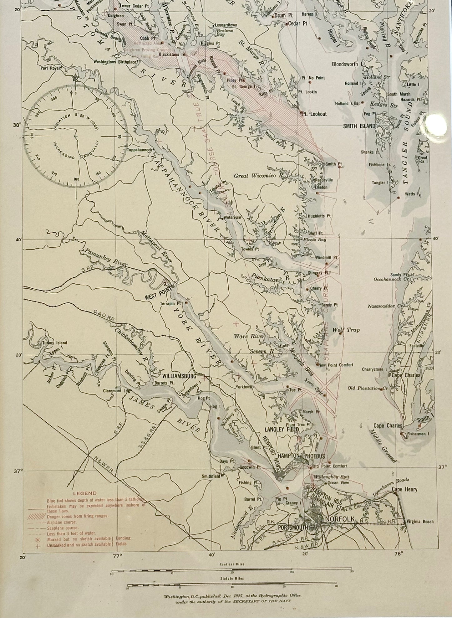 Baltimore, Washington, Norfolk Aviation Chart of Chesapeake, 1925 (Framed)