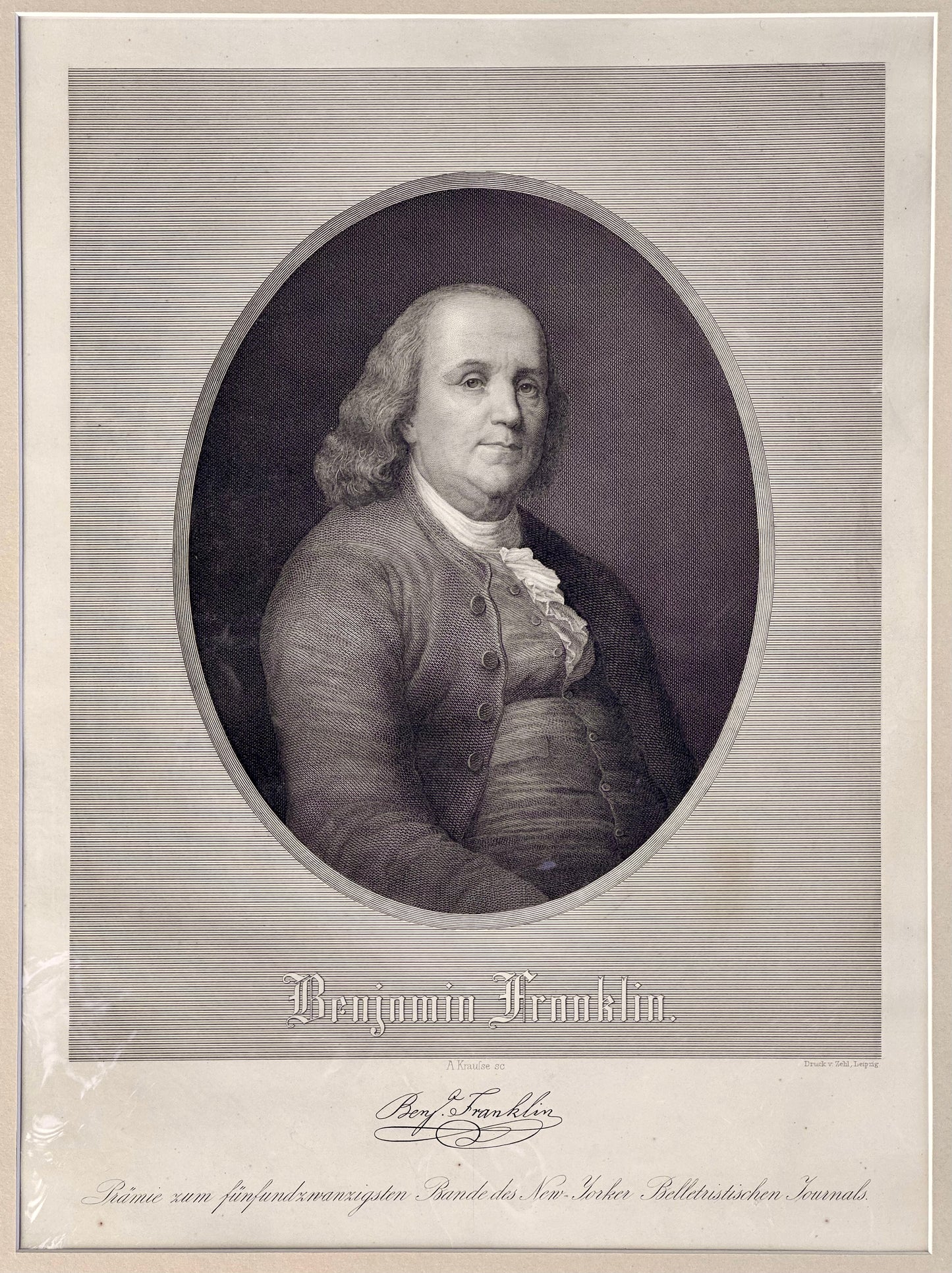 Ben Franklin, original engraving by Leipzig, c. 1845