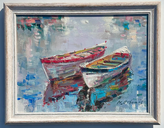 Harbor Boats by Matt Thomas, Oil on canvas, Framed