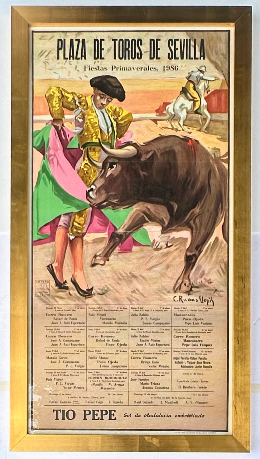 Plaza De Toros De Sevilla Bull Fighting Original lithograph by Carol Ruana Llopis, framed, 1986