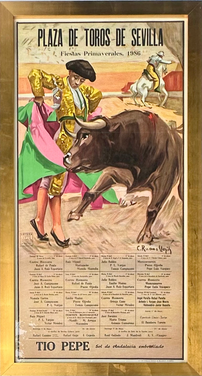 Plaza De Toros De Sevilla Bull Fighting Original lithograph by Carol Ruana Llopis, framed, 1986