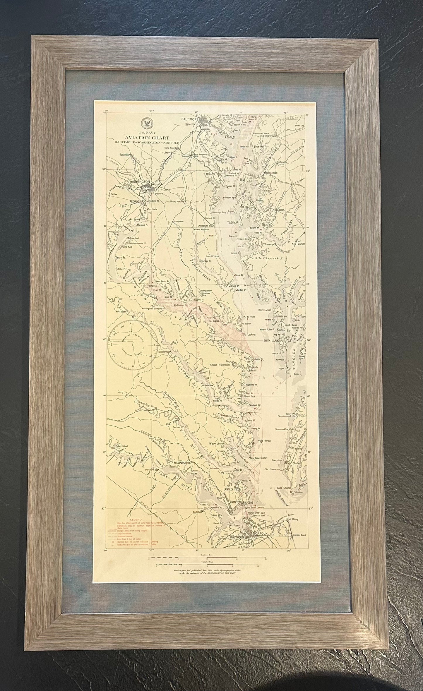 Baltimore, Washington, Norfolk Aviation Chart of Chesapeake, 1925 (Framed)