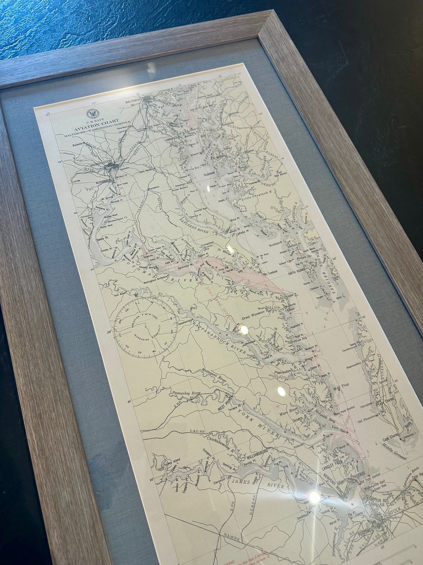 Baltimore, Washington, Norfolk Aviation Chart of Chesapeake, 1925 (Framed)