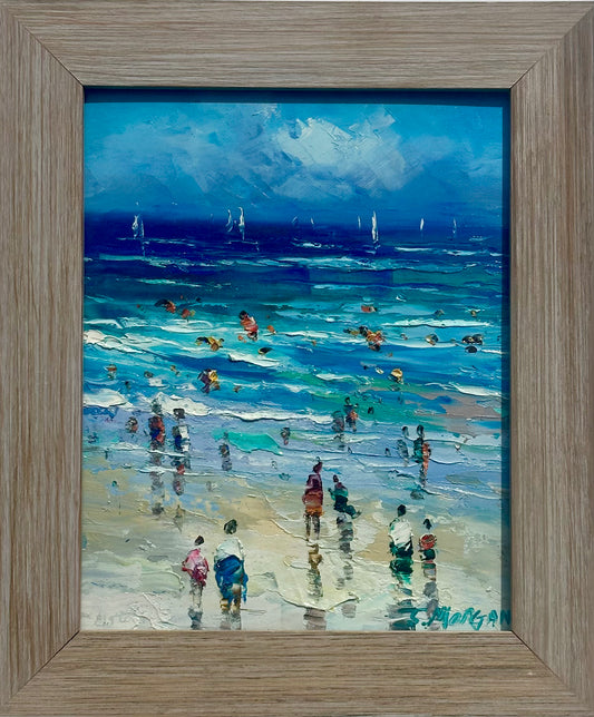 Contemporary Coastal Beach Seascape Oil Painting in Driftwood Frame