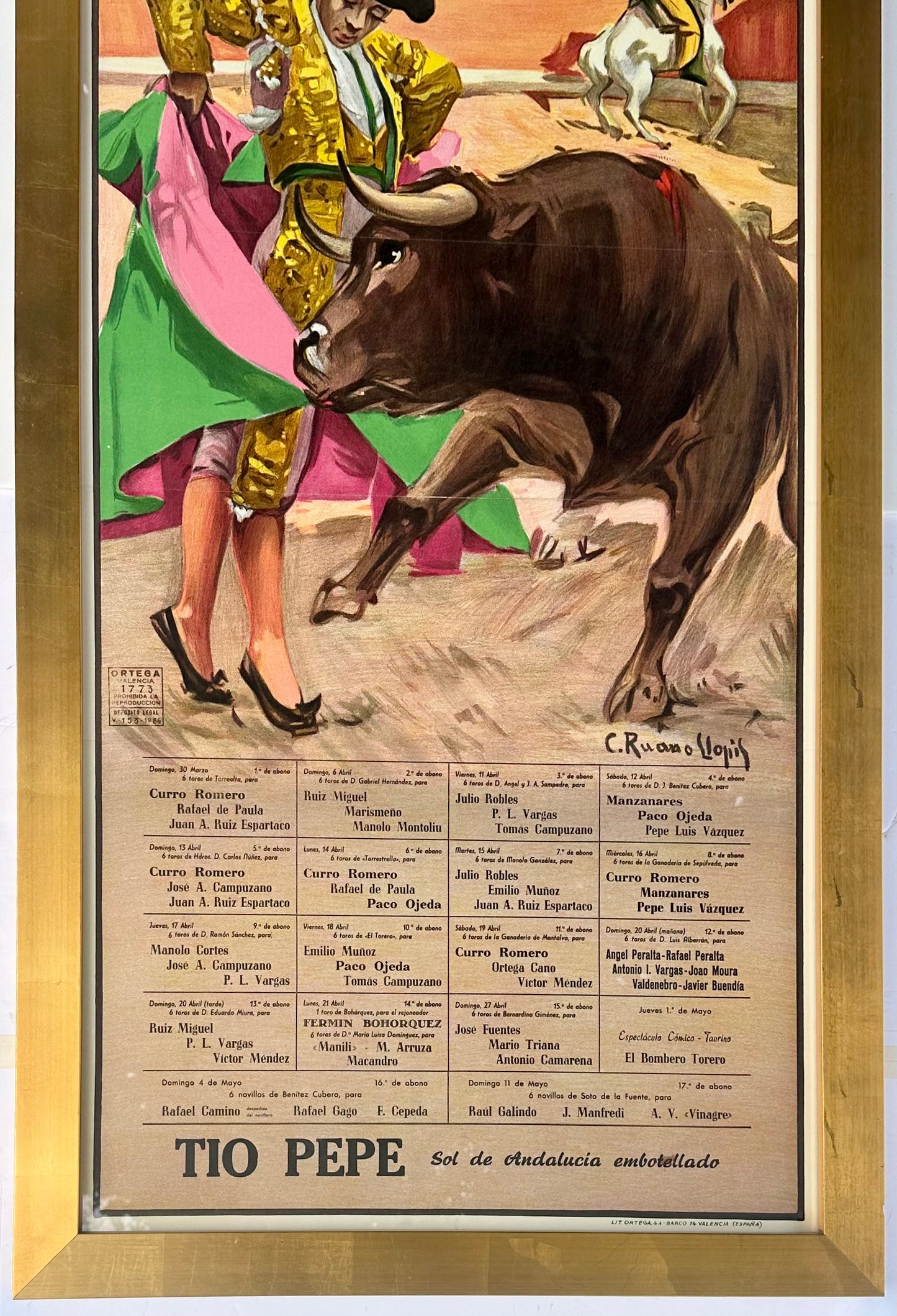 Plaza De Toros De Sevilla Bull Fighting Original lithograph by Carol Ruana Llopis, framed, 1986