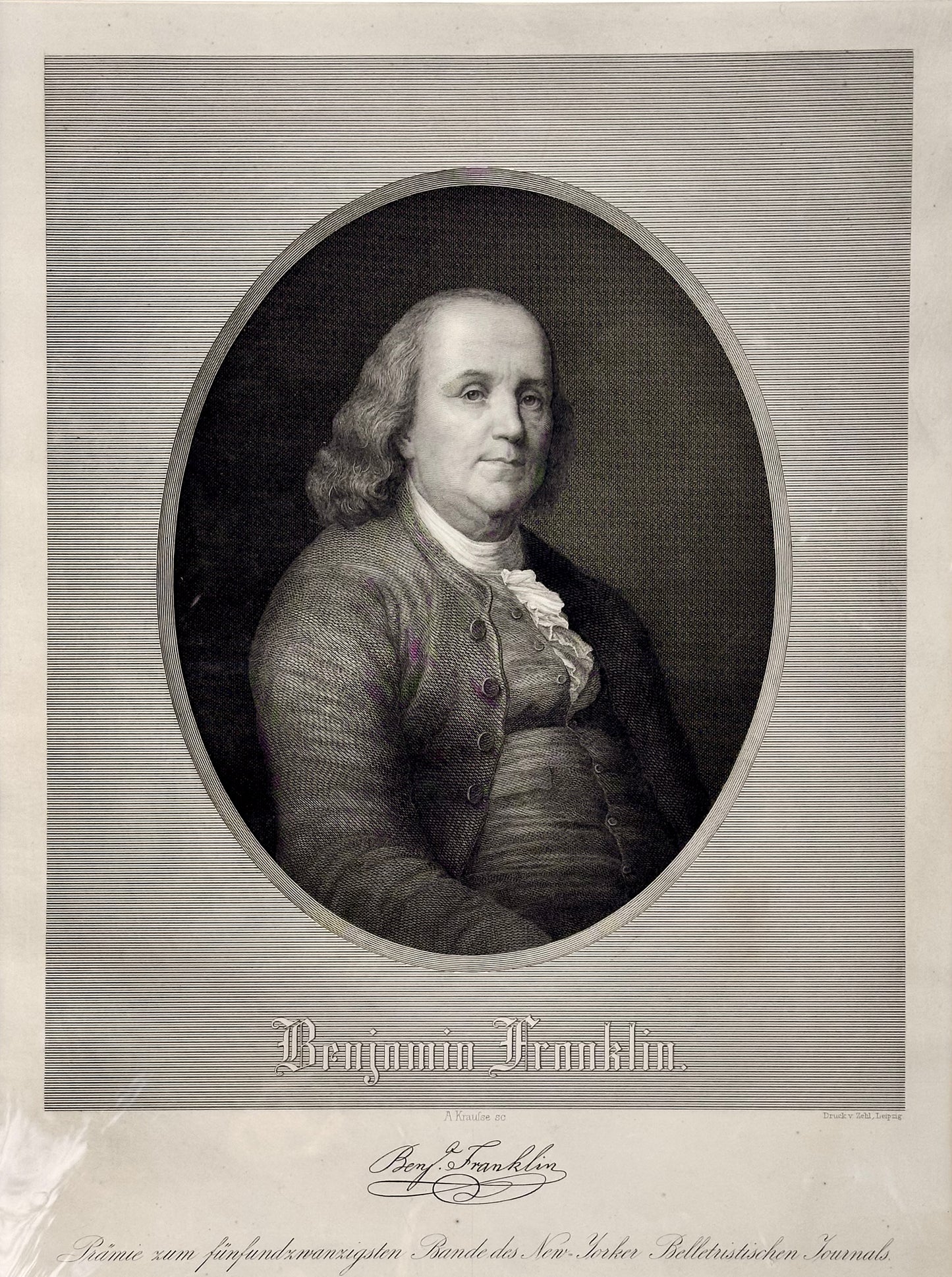 Ben Franklin, original engraving by Leipzig, c. 1845