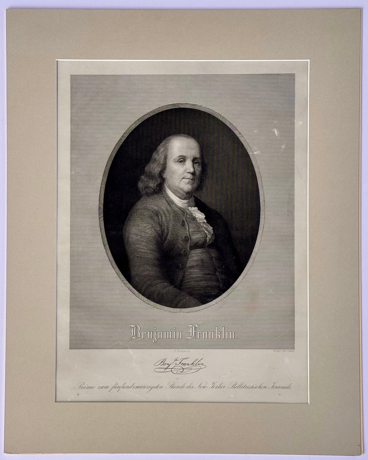 Ben Franklin, original engraving by Leipzig, c. 1845