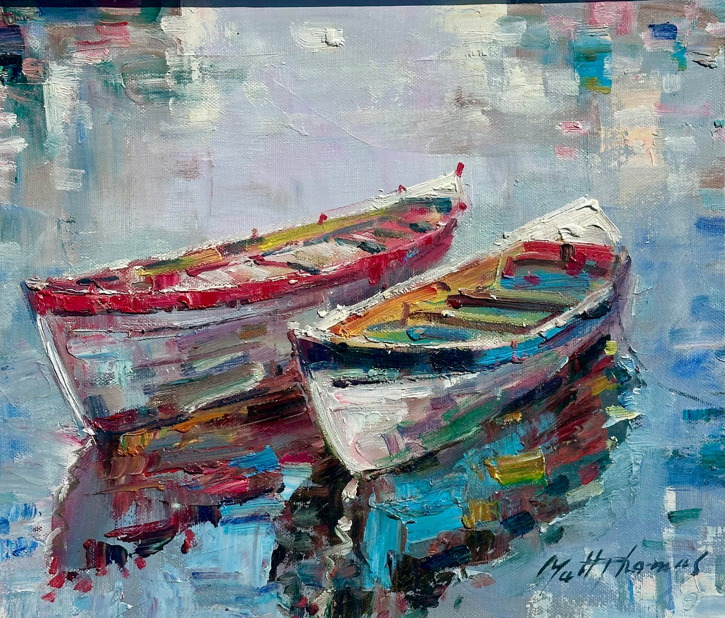 Harbor Boats by Matt Thomas, Oil on canvas, Framed