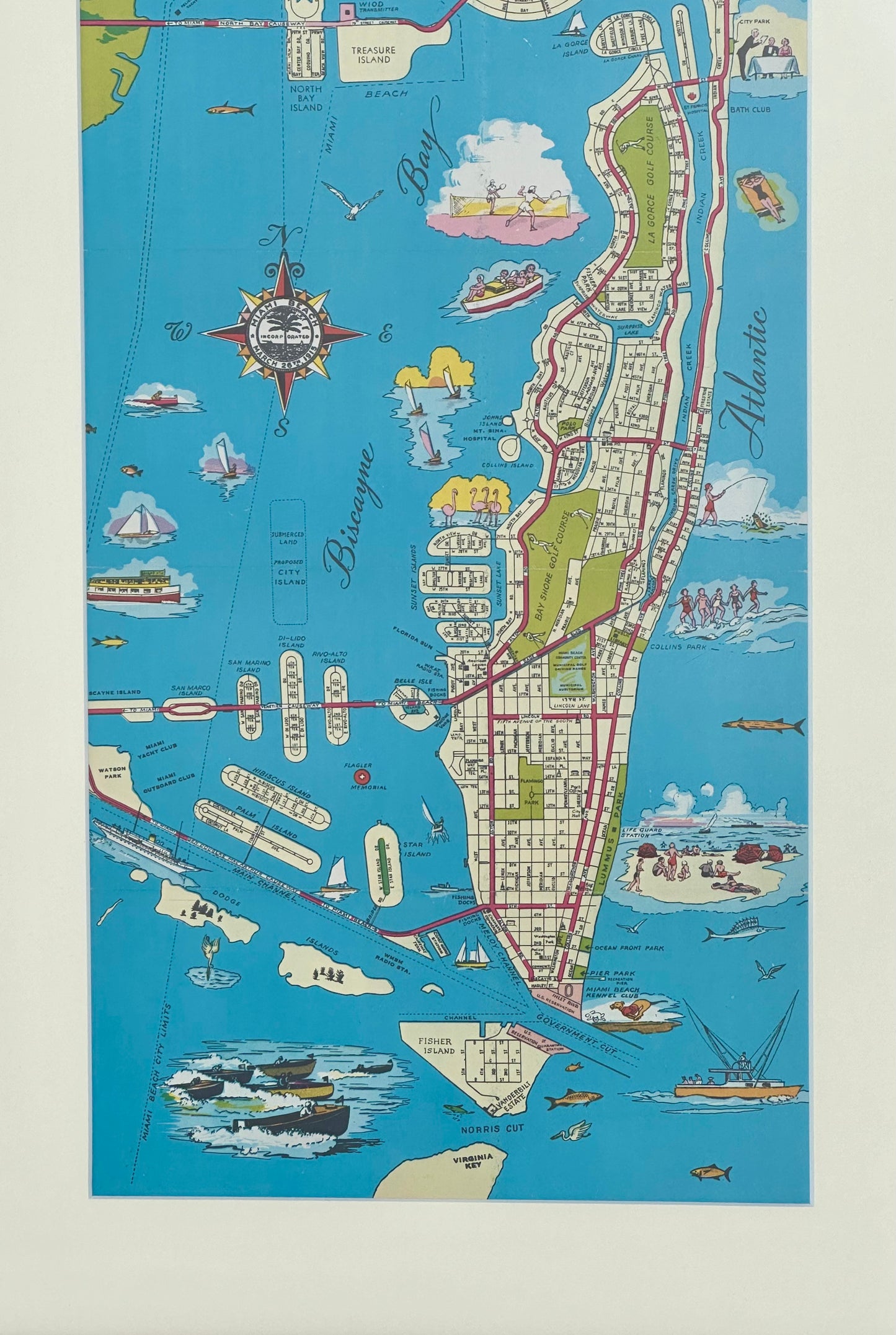 1951 Miami Beach Pictorial Map, Framed