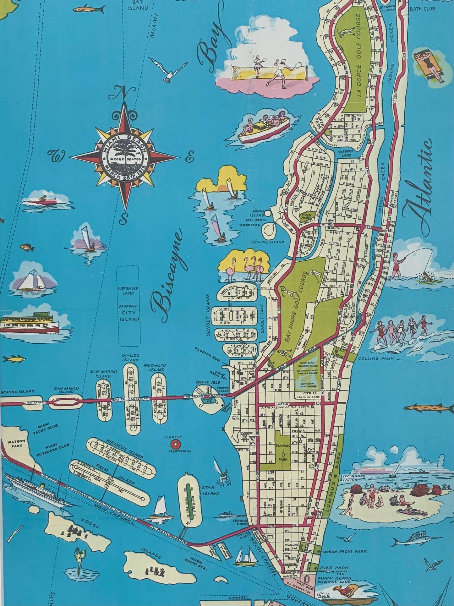 1951 Miami Beach Pictorial Map, Framed