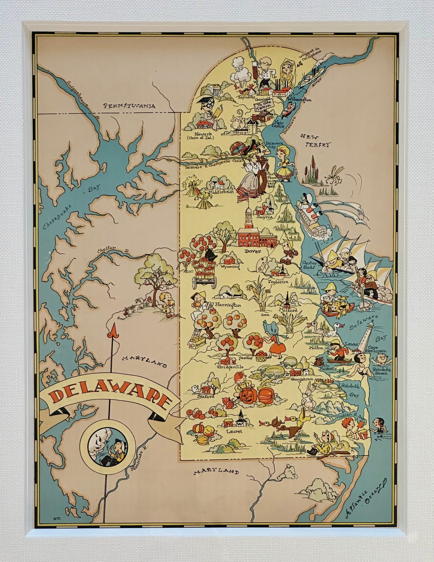 Vintage Delaware Map, 1935, framed