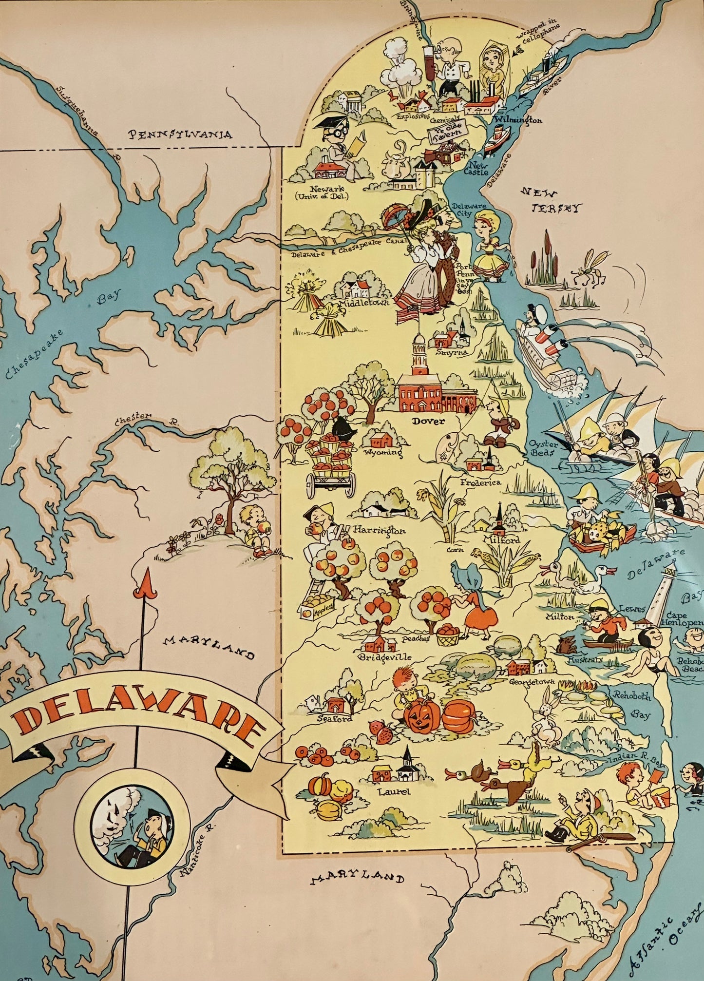 Vintage Delaware Map, 1935, framed