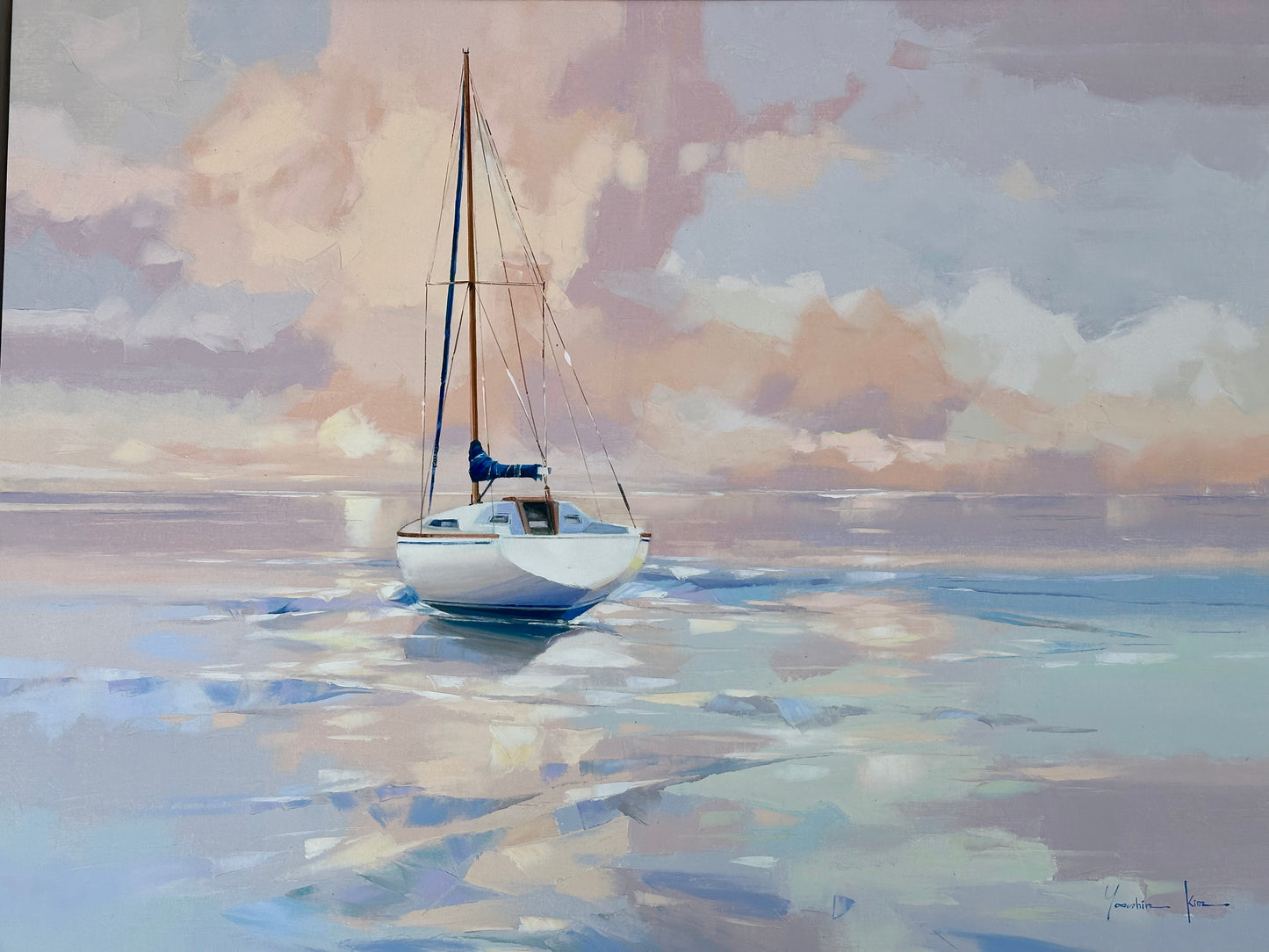 Sailboat Original Oil on Canvas by Yooshin Kim, Framed