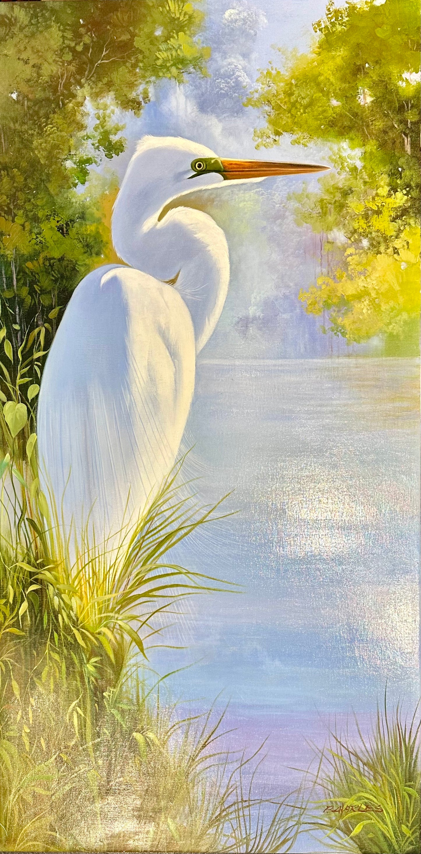 Egret, Contemporary Oil on Canvas Painting by P. Charles, Unframed