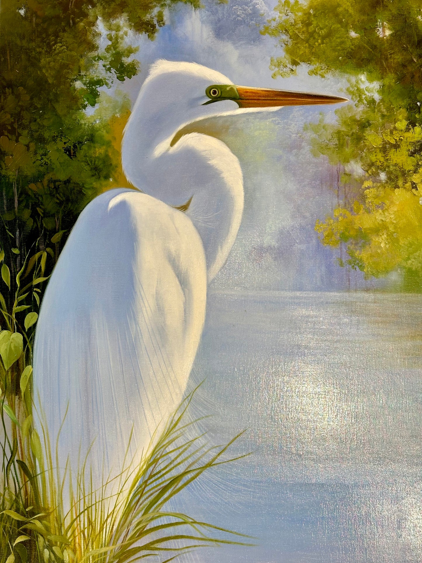 Egret, Contemporary Oil on Canvas Painting by P. Charles, Unframed