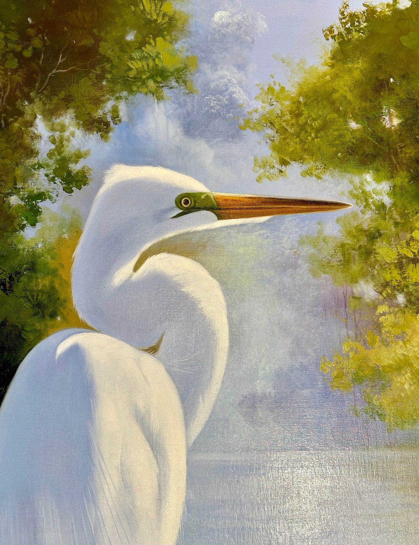 Egret, Contemporary Oil on Canvas Painting by P. Charles, Unframed