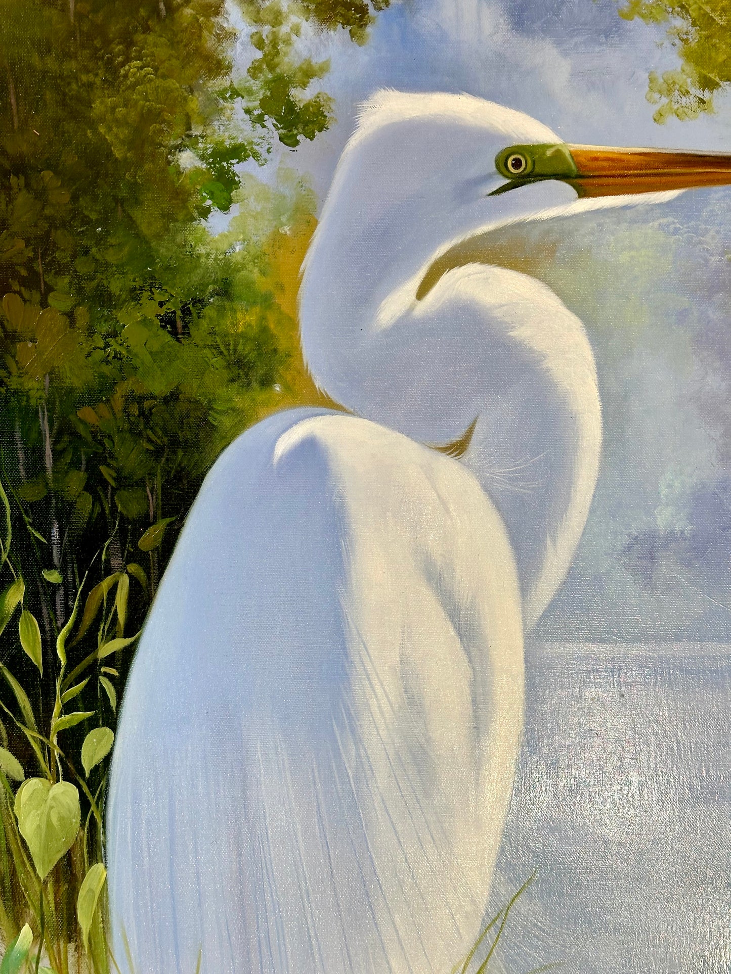 Egret, Contemporary Oil on Canvas Painting by P. Charles, Unframed