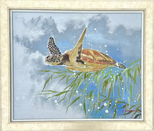 Sea Turtle by R. Henderson, Contemporary Oil Painting on Canvas, Framed