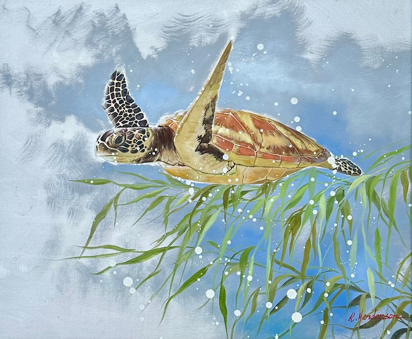 Sea Turtle by R. Henderson, Contemporary Oil Painting on Canvas, Framed