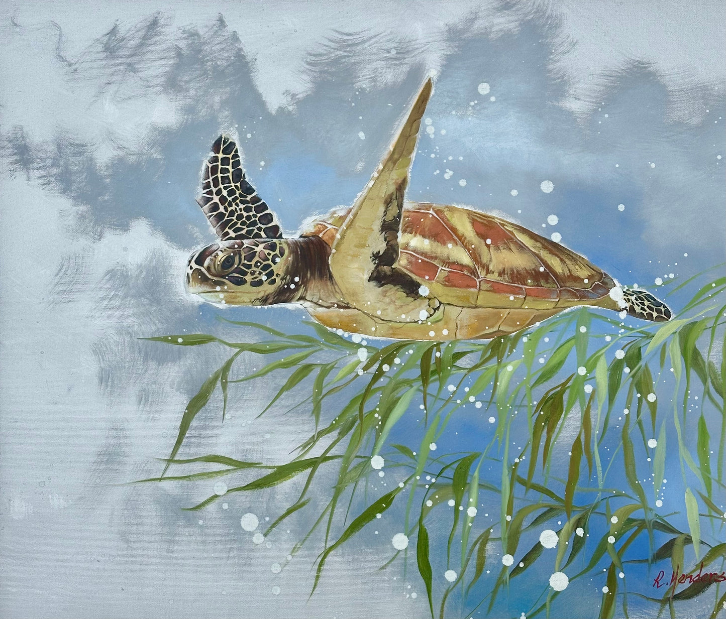 Sea Turtle by R. Henderson, Contemporary Oil Painting on Canvas, Framed