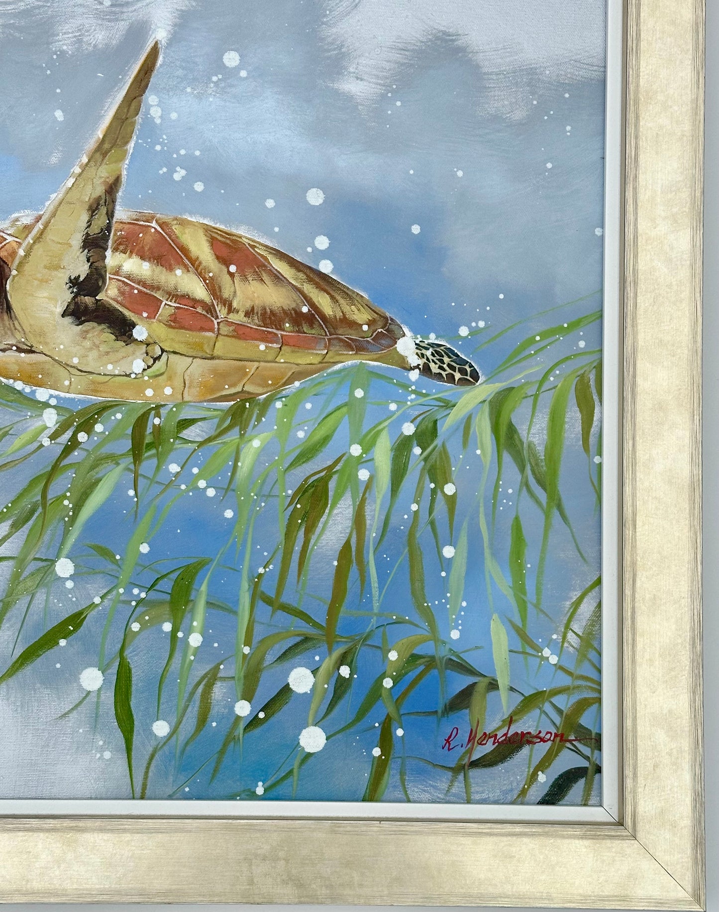 Sea Turtle by R. Henderson, Contemporary Oil Painting on Canvas, Framed