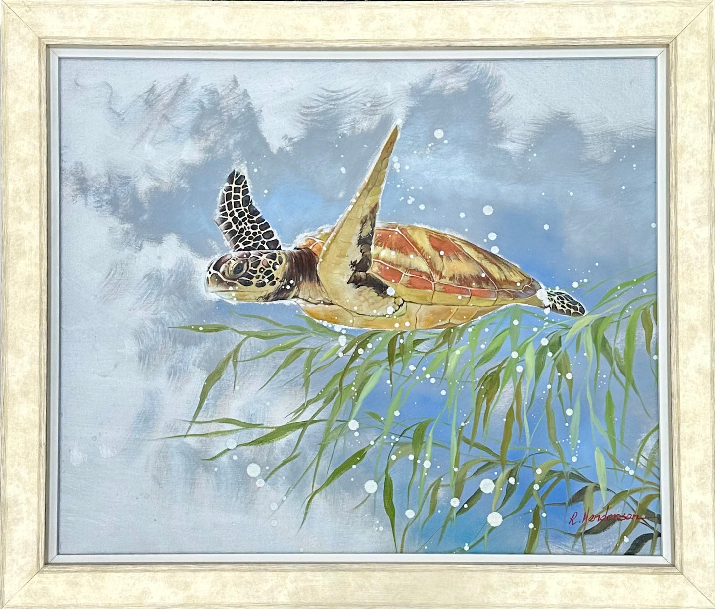 Sea Turtle by R. Henderson, Contemporary Oil Painting on Canvas, Framed